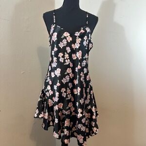 Floral Black Mini Asymmetric Slip Dress Pink Flowers Ruffle Hem Spaghetti Strap